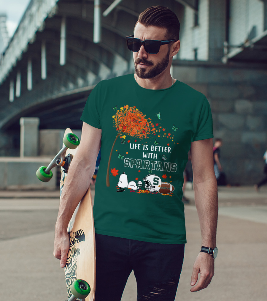 Life Is Better With Spartans Michigan State Football Autumn Leaves Butterflies T-Shirt