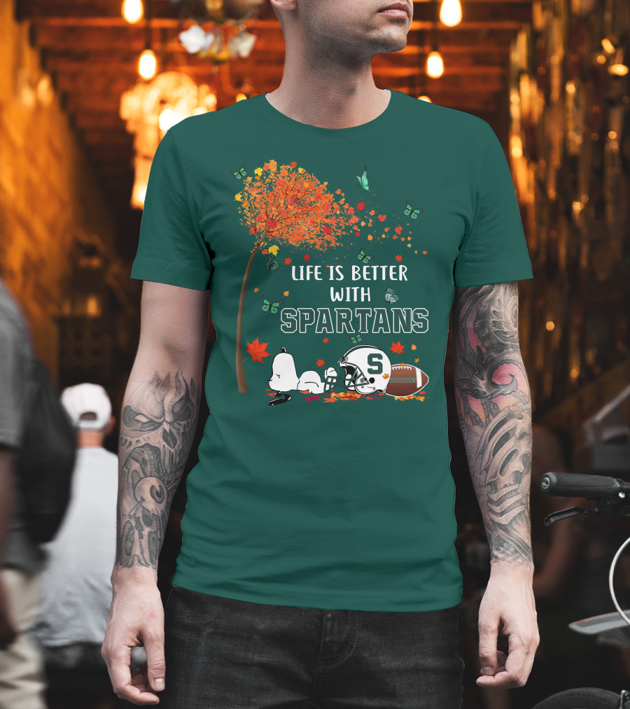 Life Is Better With Spartans Michigan State Football Autumn Leaves Butterflies T-Shirt