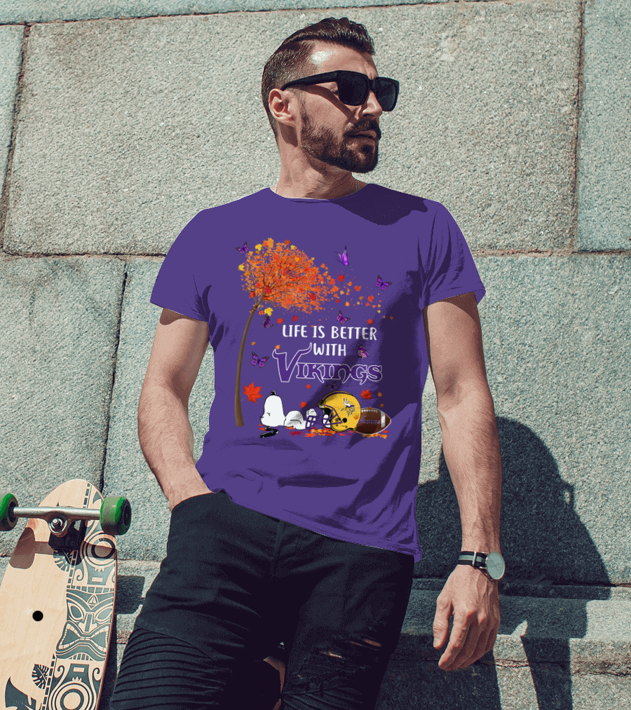 Life Is Better With Vikings Football And Autumn Leaves T-Shirt