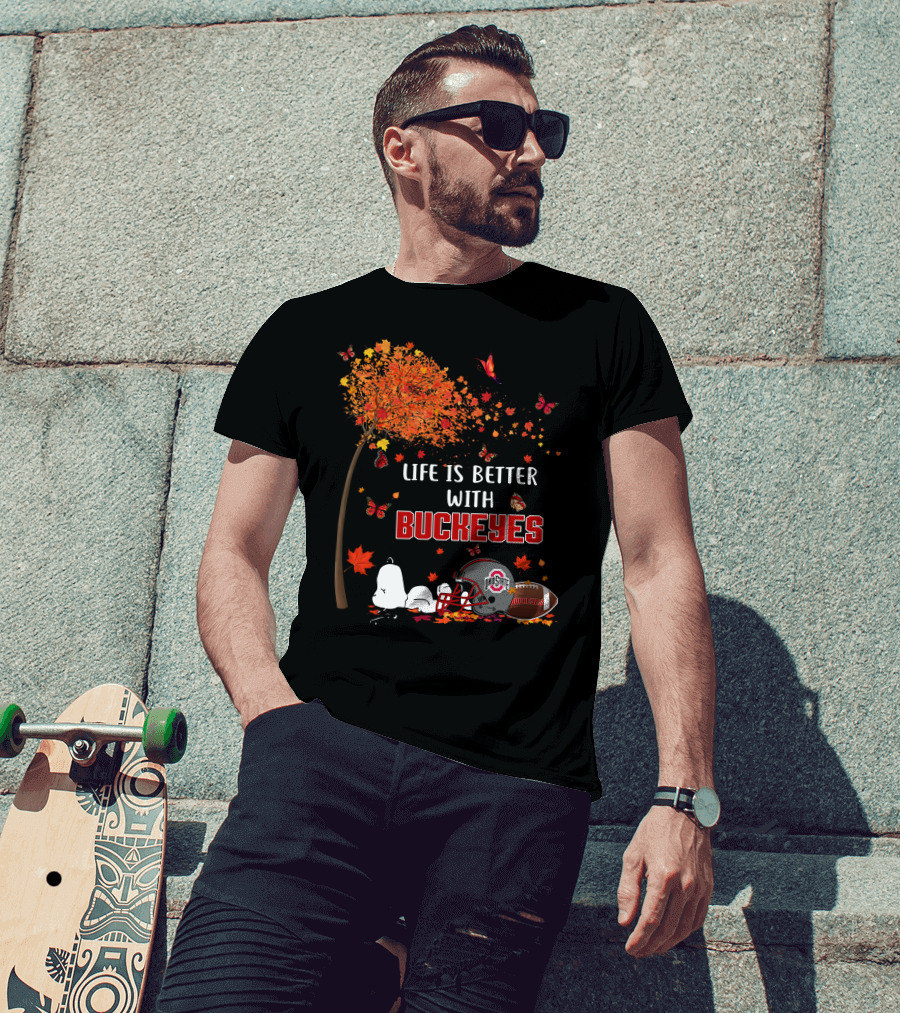 Life Is Better With Buckeyes Ohio State Football Autumn Leaves Butterflies T-Shirt