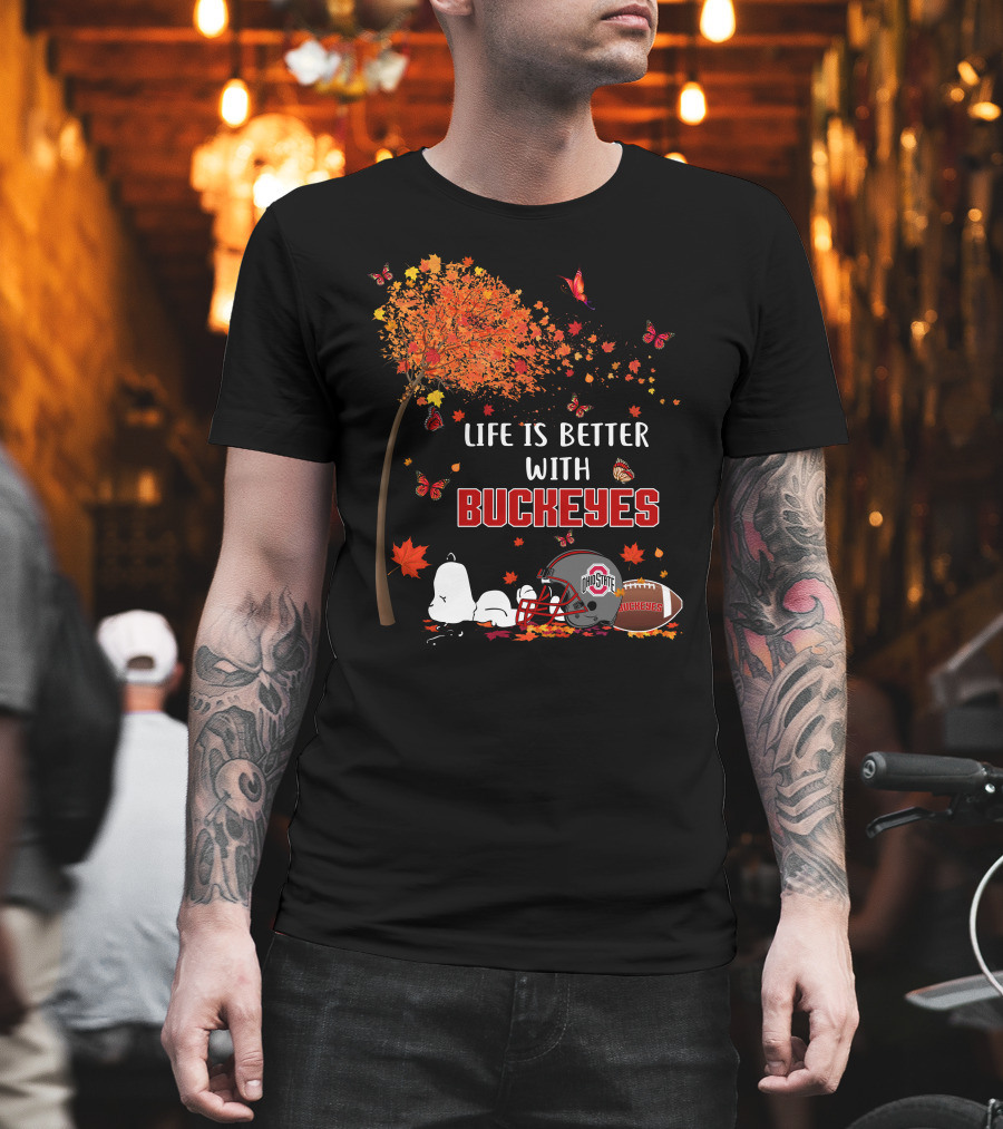 Life Is Better With Buckeyes Ohio State Football Autumn Leaves Butterflies T-Shirt