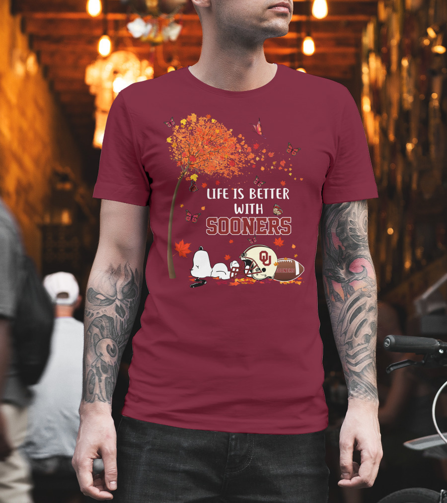 Life Is Better with Sooners Football Autumn Leaves and Butterflies T-Shirt