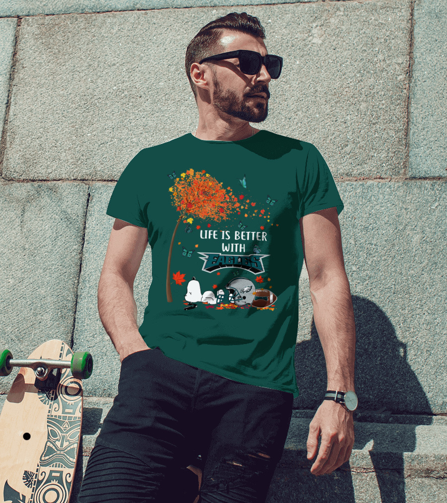 Life Is Better With Eagles Football Autumn Leaves And Butterflies T-Shirt