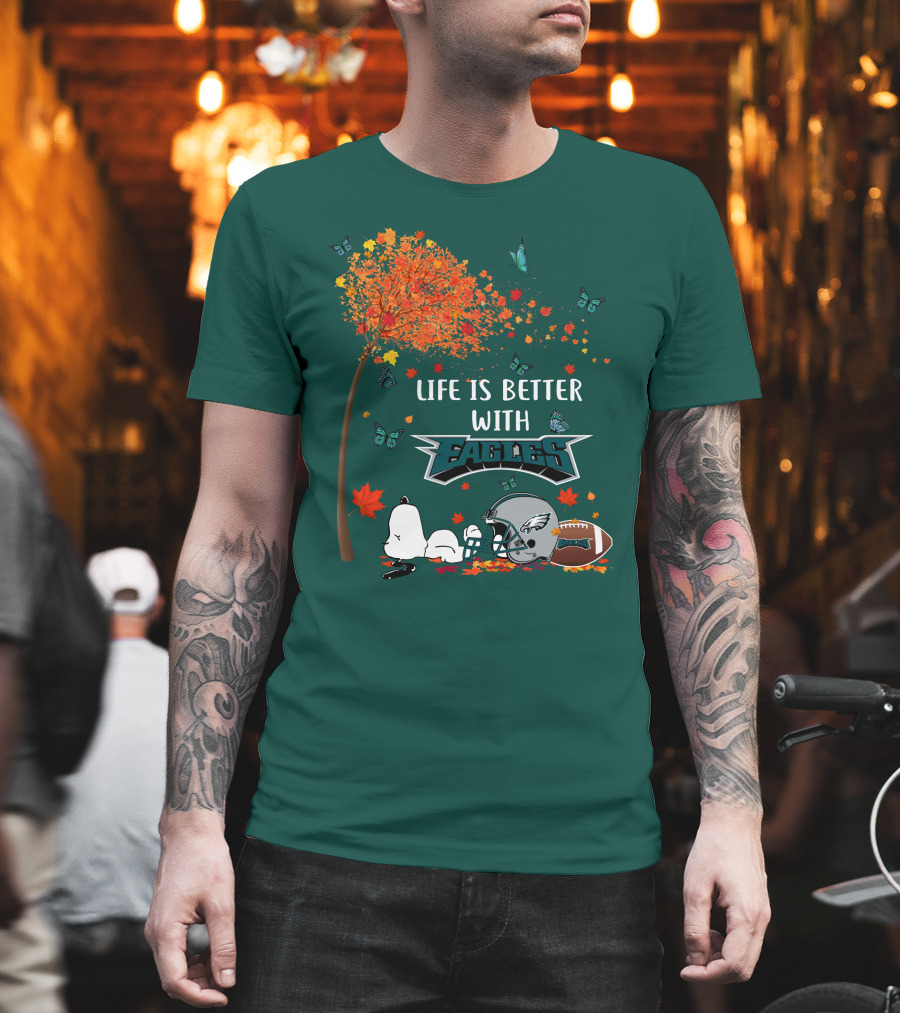 Life Is Better With Eagles Football Autumn Leaves And Butterflies T-Shirt