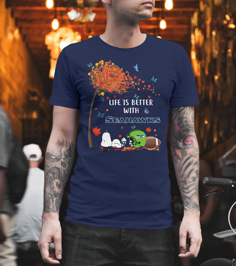 Life is Better with Seattle Seahawks Autumn Leaves Football Helmet Snoopy and Woodstock T-Shirt