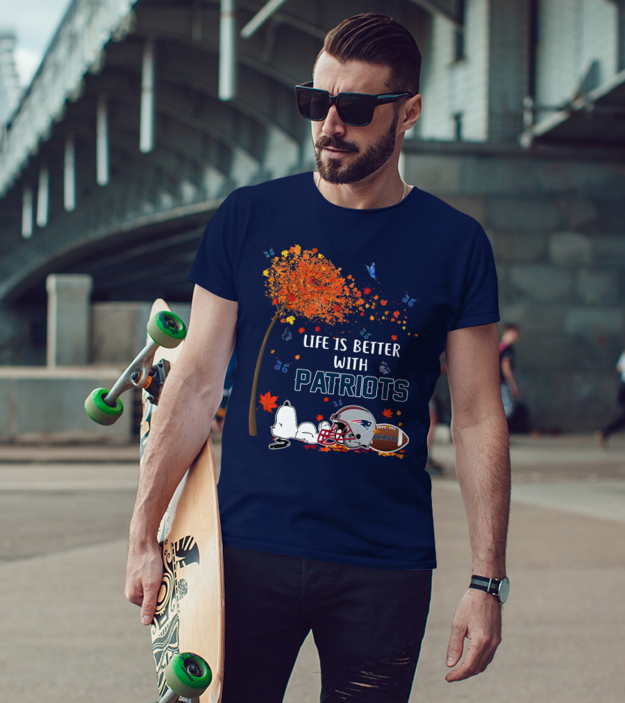 Life Is Better With Patriots New England Football Autumn Leaves And Snoopy T-Shirt