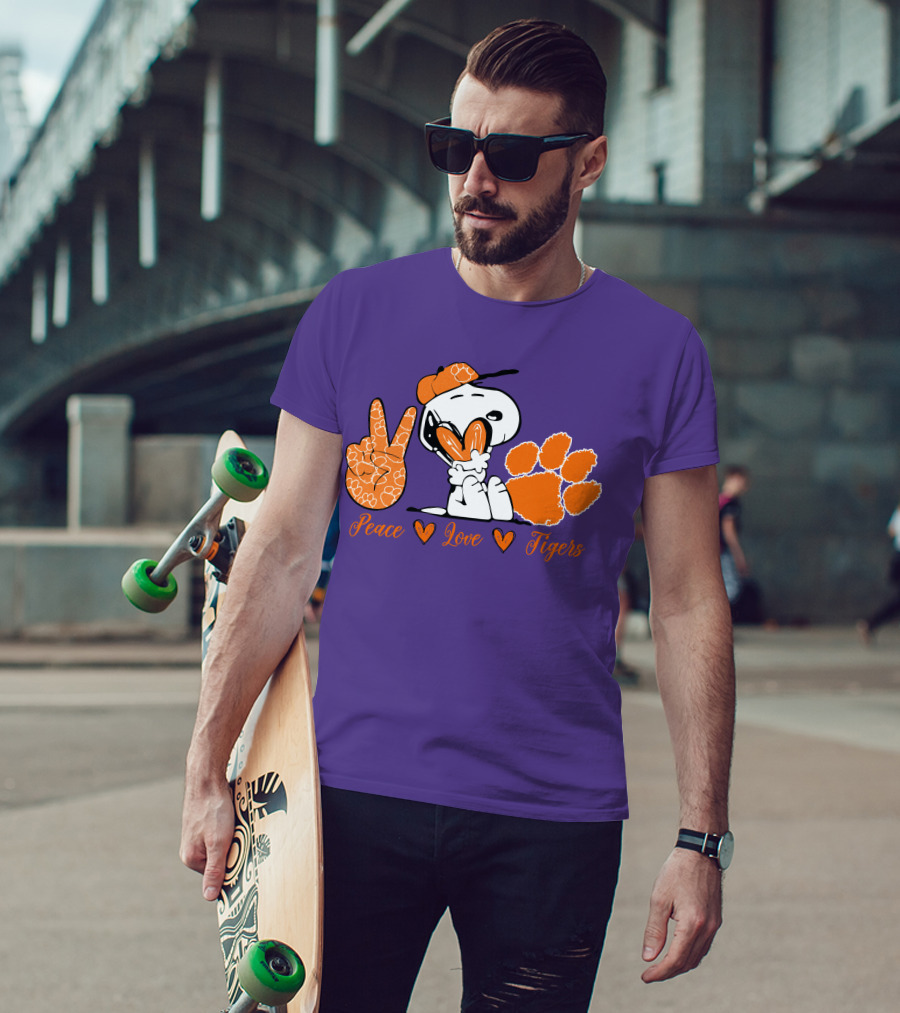 Peace Love Clemson Tigers Snoopy With Paw Print And Heart Icons T-Shirt