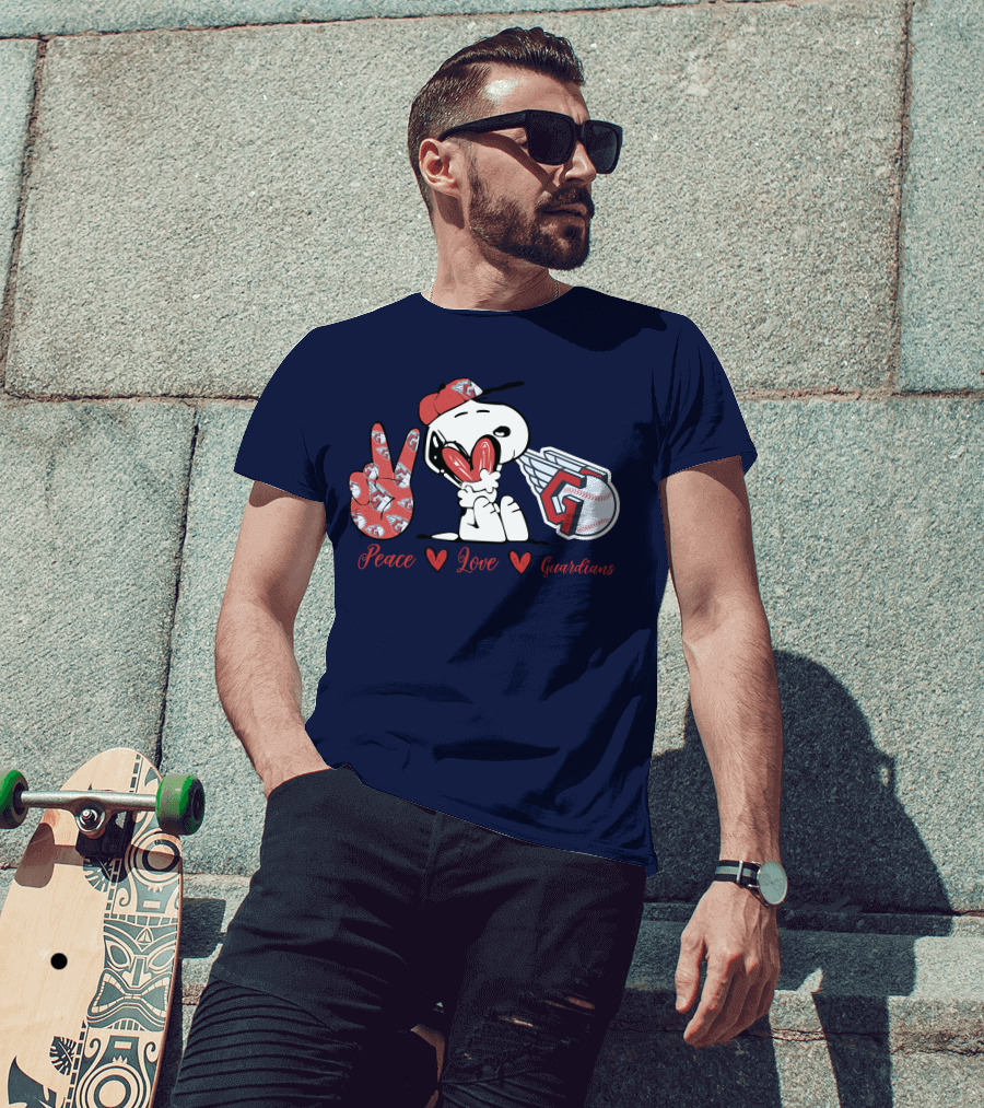 Snoopy Peace Love Cleveland Guardians Baseball Iconic Imagery With Red Heart And Cap T-Shirt