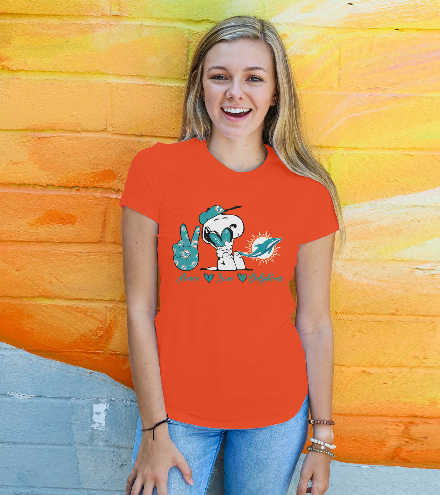 Peace Love Miami Dolphins Snoopy Fan T-Shirt