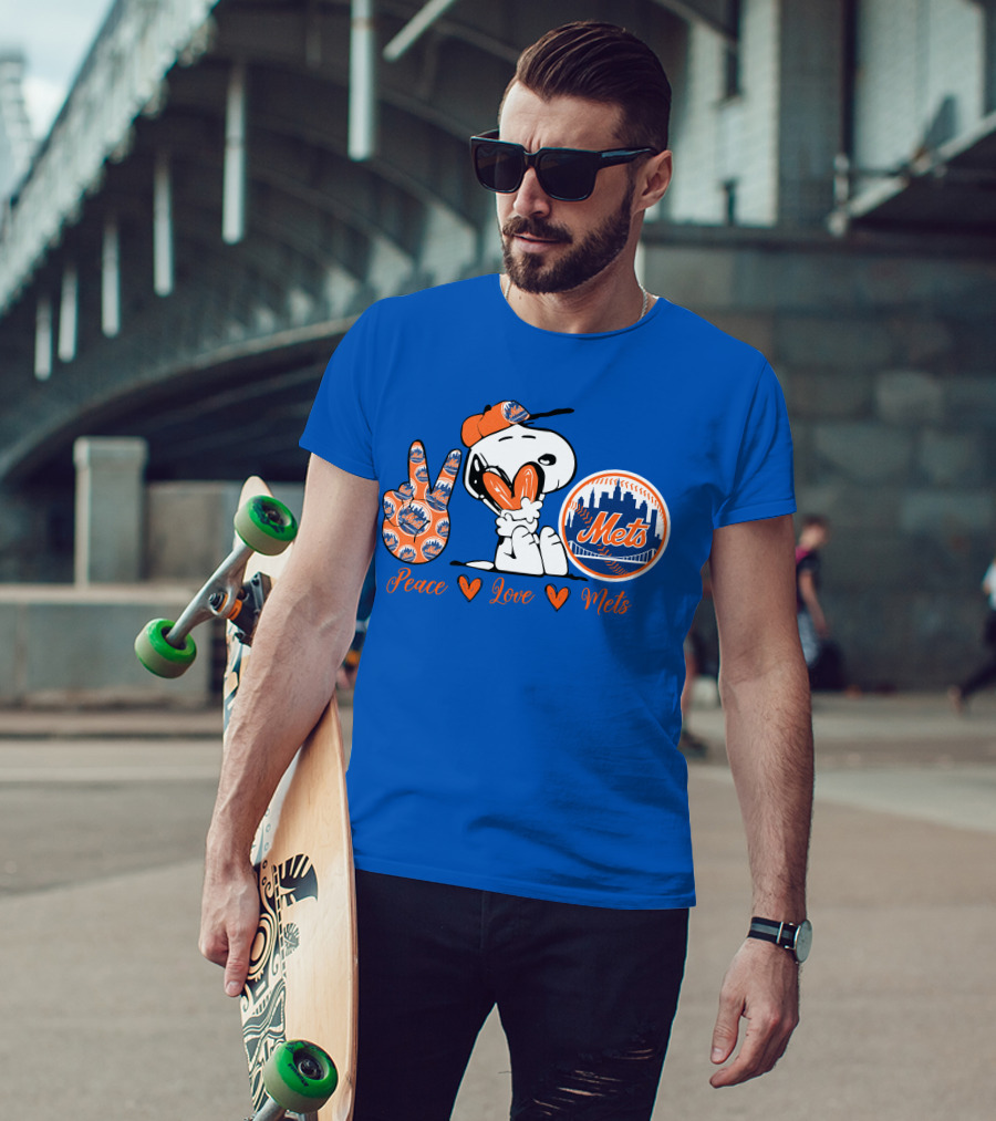 Snoopy Peace Love Mets New York City Skyline Baseball T-Shirt