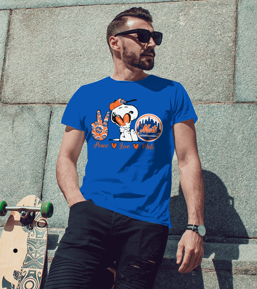 Snoopy Peace Love Mets New York City Skyline Baseball T-Shirt