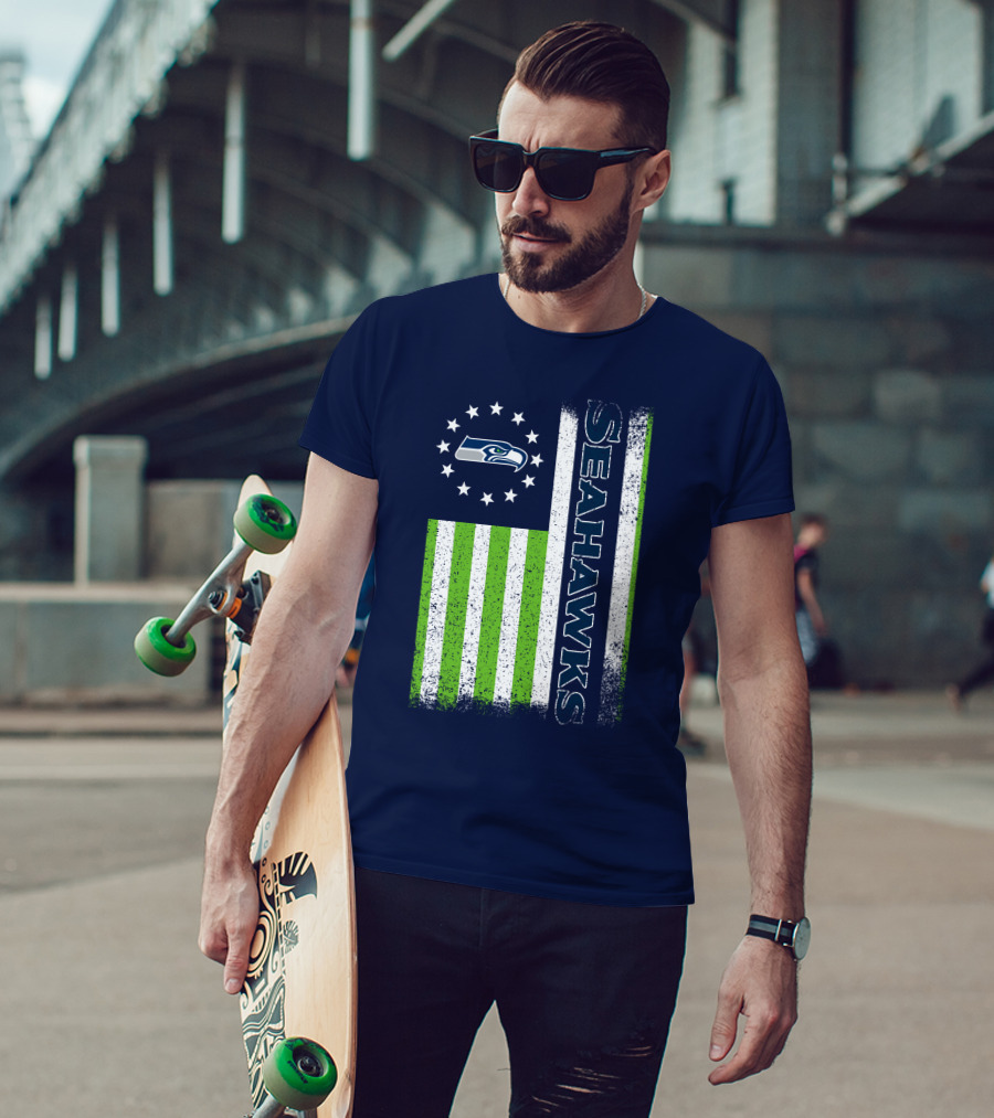 Seattle Seahawks American Flag Green Stripes 12 Stars T-Shirt