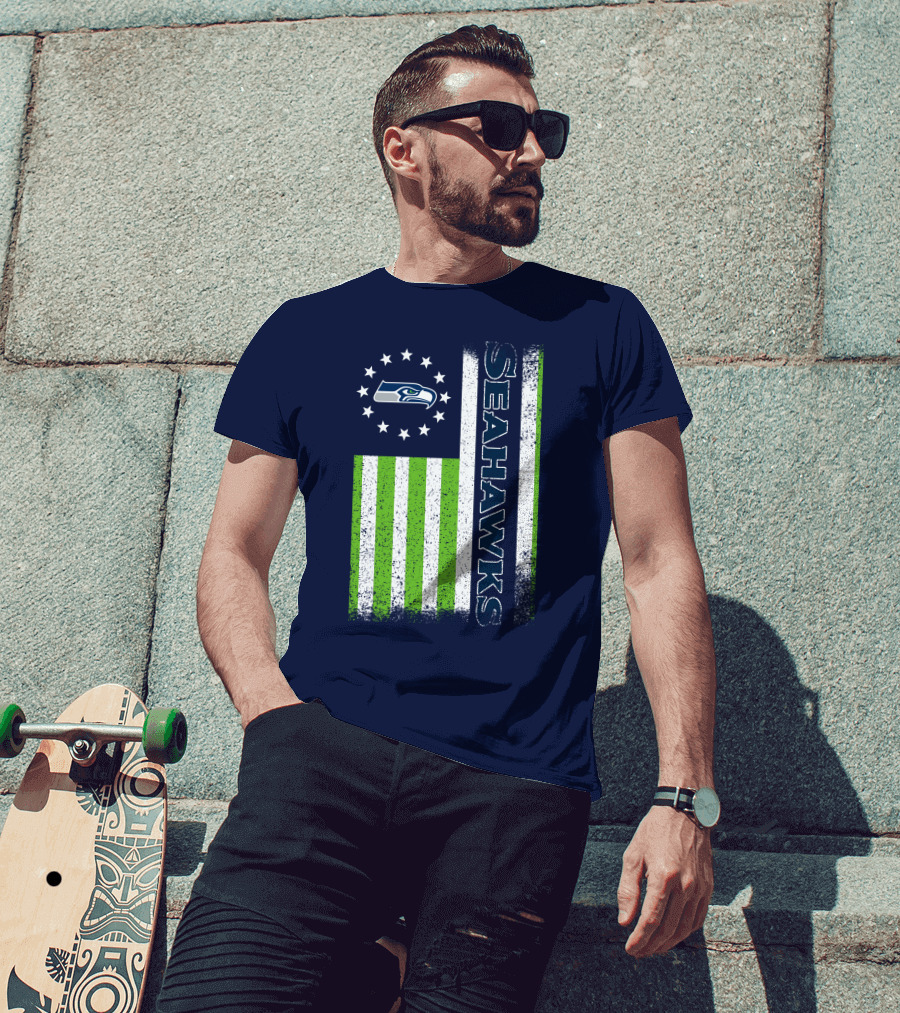 Seattle Seahawks American Flag Green Stripes 12 Stars T-Shirt