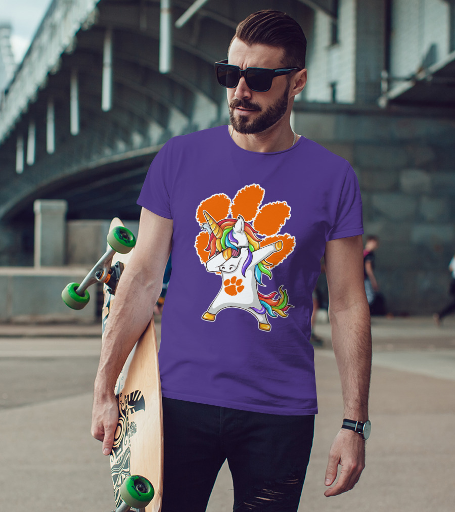 Clemson Tigers Dabbing Unicorn Paw Print Rainbow Mane T-Shirt