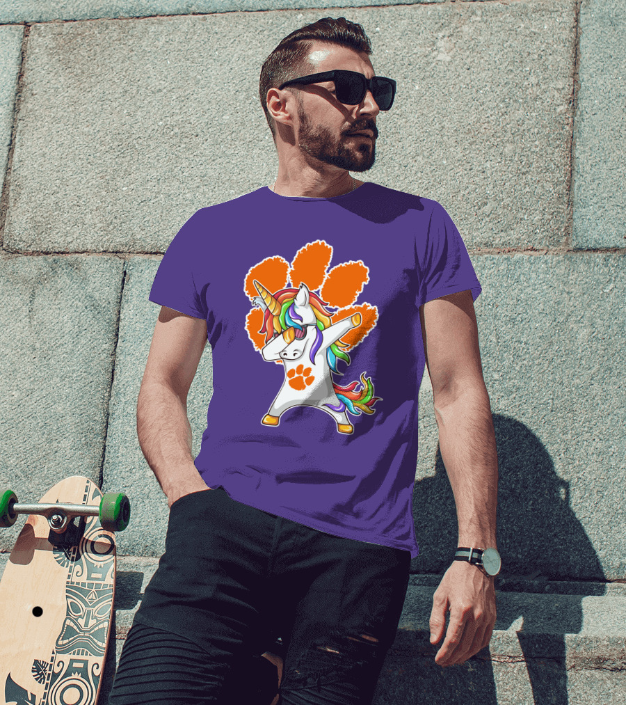 Clemson Tigers Dabbing Unicorn Paw Print Rainbow Mane T-Shirt