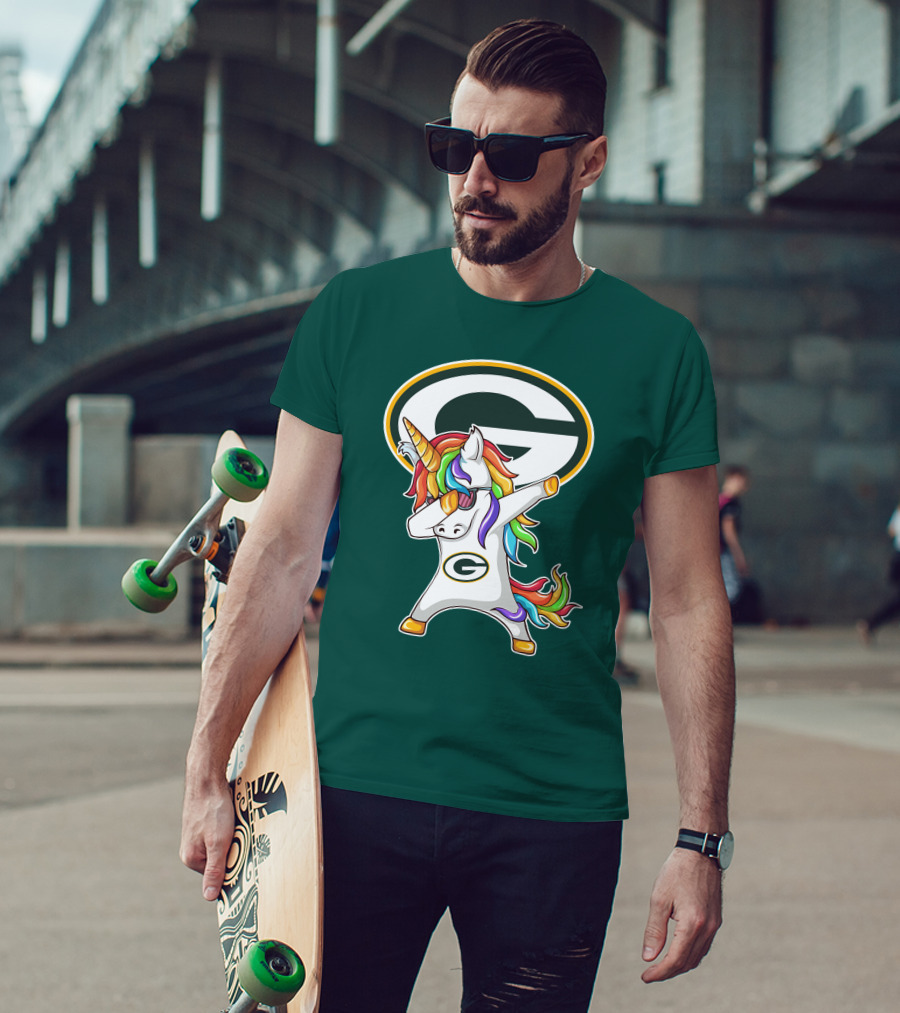 Green Bay Packers Dabbing Unicorn With Team Logo And Rainbow Mane T-Shirt