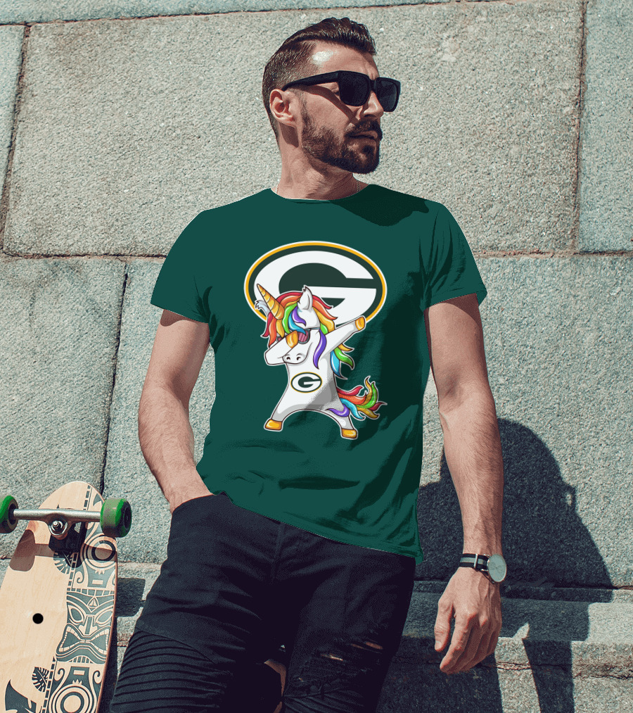 Green Bay Packers Dabbing Unicorn With Team Logo And Rainbow Mane T-Shirt