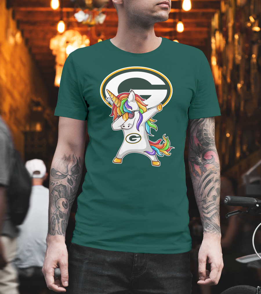 Green Bay Packers Dabbing Unicorn With Team Logo And Rainbow Mane T-Shirt