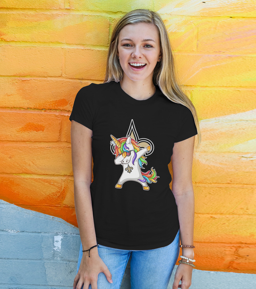 New Orleans Saints Unicorn Dabbing Fleur-de-Lis Rainbow Mane T-Shirt