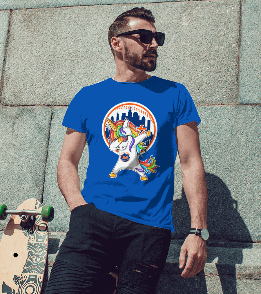 New York Mets Unicorn Dabbing Rainbow Skyline Baseball T-Shirt