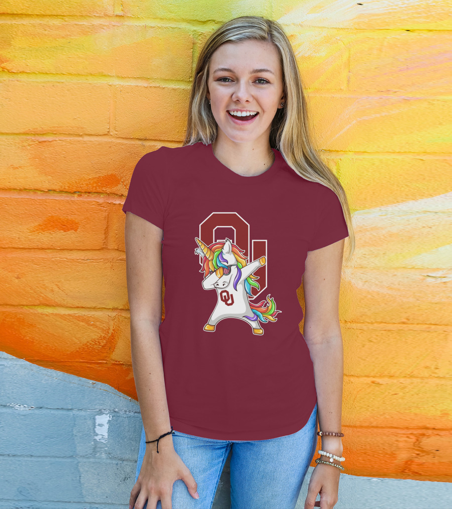 Oklahoma Sooners OU Logo Rainbow Unicorn Dabbing T-Shirt