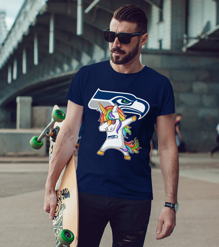 Seattle Seahawks Unicorn Dabbing Rainbow Hair T-Shirt