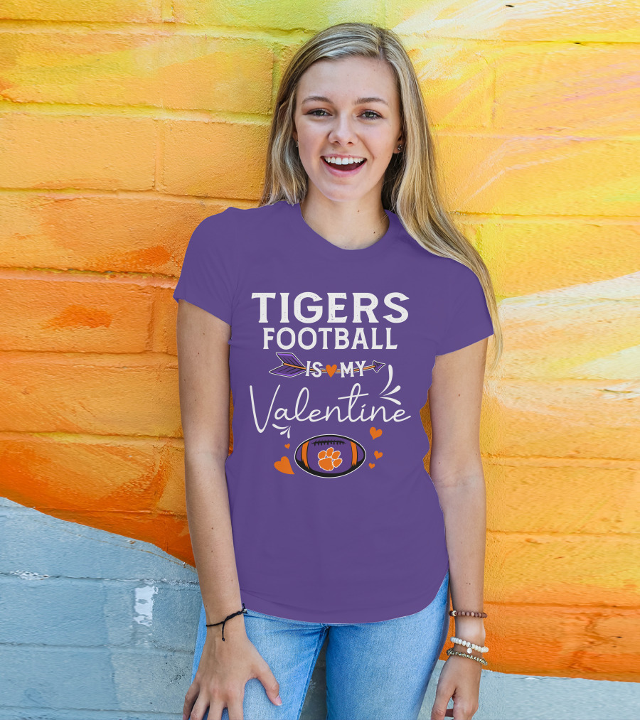 Tigers Football Is My Valentine With Paw Print And Hearts T-Shirt