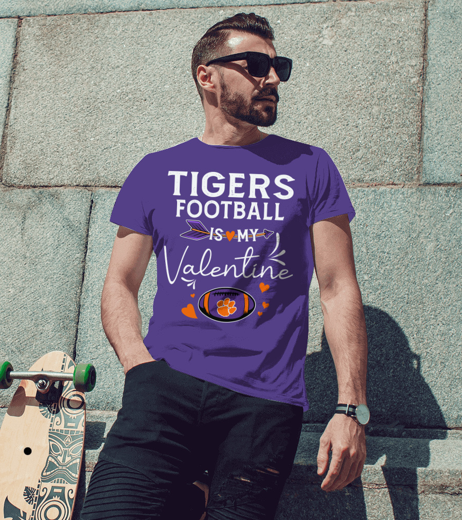 Tigers Football Is My Valentine With Paw Print And Hearts T-Shirt