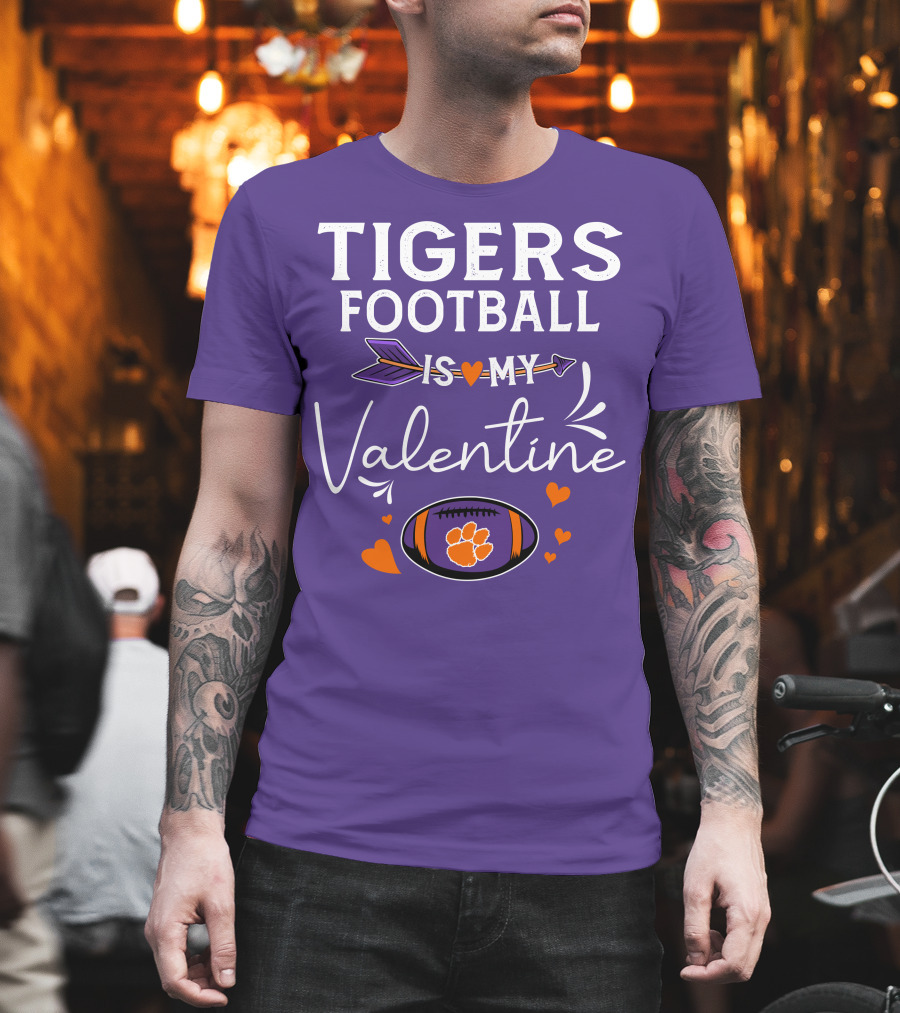 Tigers Football Is My Valentine with Paw Print and Hearts T-Shirt