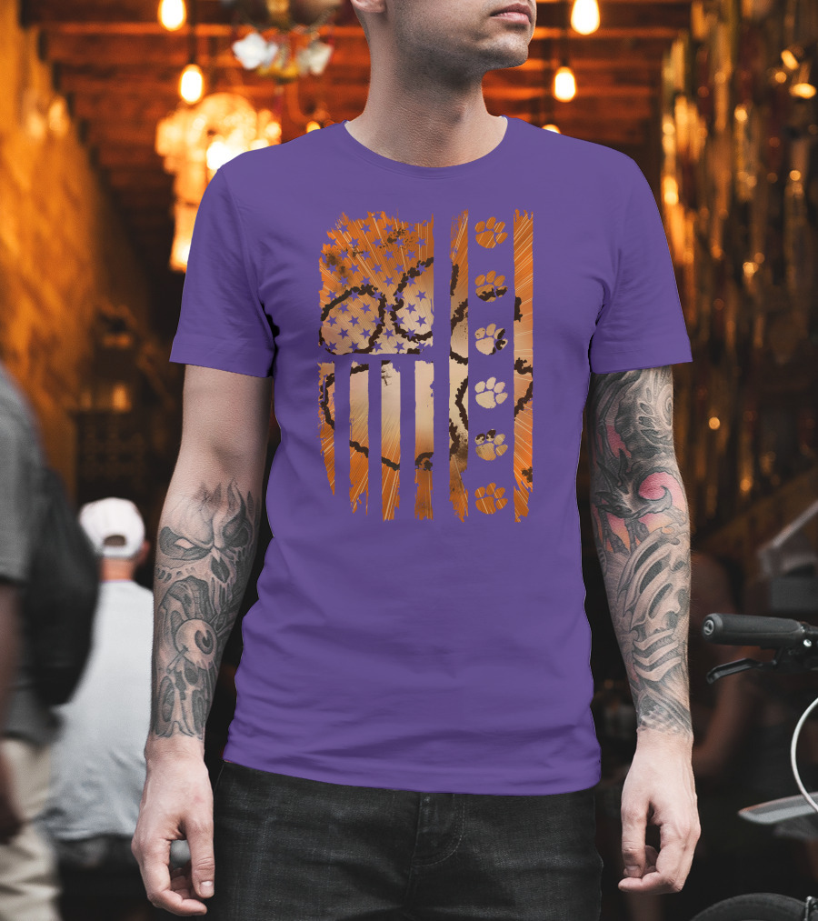 Clemson Tigers Paw Print American Flag T-Shirt