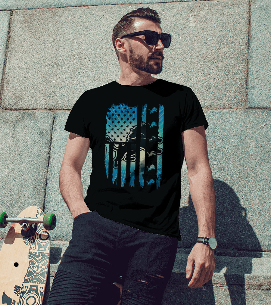 Detroit Lions American Flag Blue Starburst T-Shirt