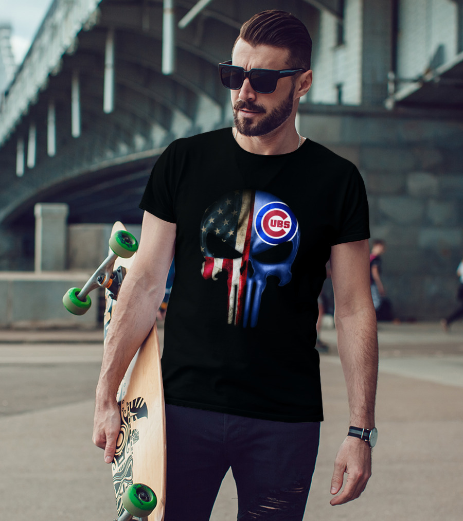 Chicago Cubs Punisher Skull American Flag T-Shirt