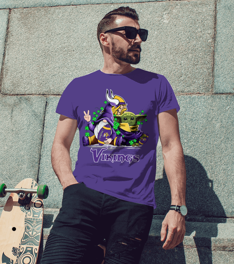Leprechauns Gnomes Baby Yoda Hug Vikings Football Team T-Shirt