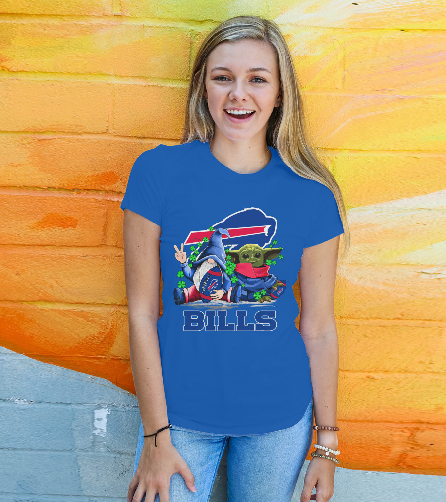 Leprechauns Gnomes Baby Yoda Hug Buffalo Bills Football Team Logo Shamrocks T-Shirt