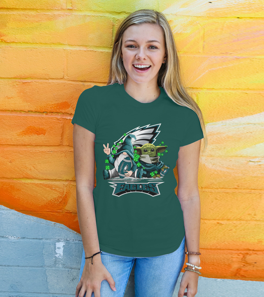 Philadelphia Eagles Leprechauns Gnomes Baby Yoda Hug Football T-Shirt