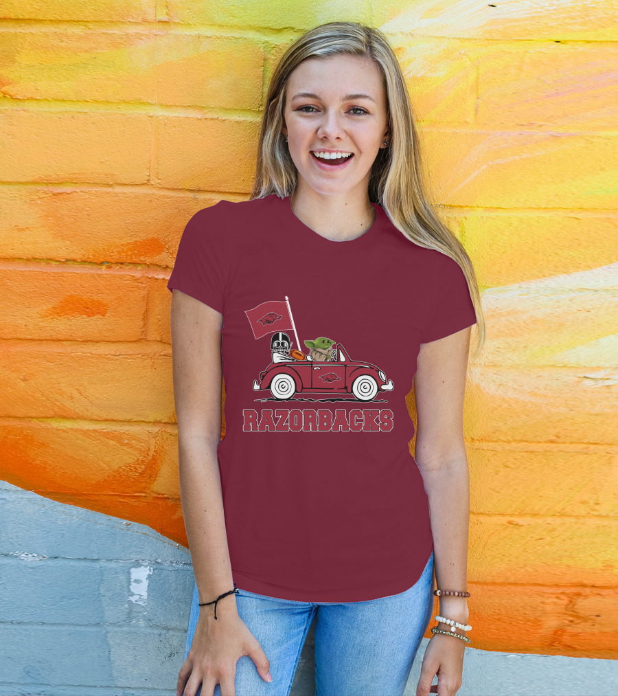 Arkansas Razorbacks Darth Vader Baby Yoda Driving Star Wars Car T-Shirt