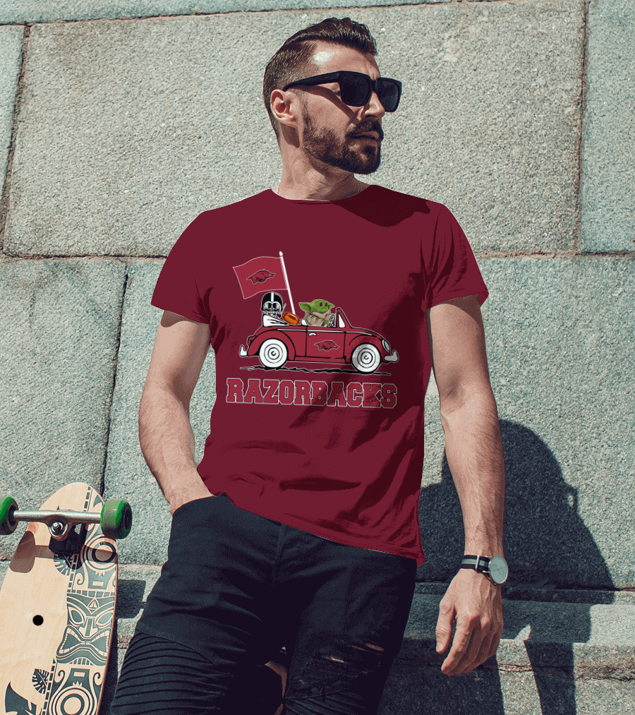 Arkansas Razorbacks Darth Vader Baby Yoda Driving Star Wars Car T-Shirt