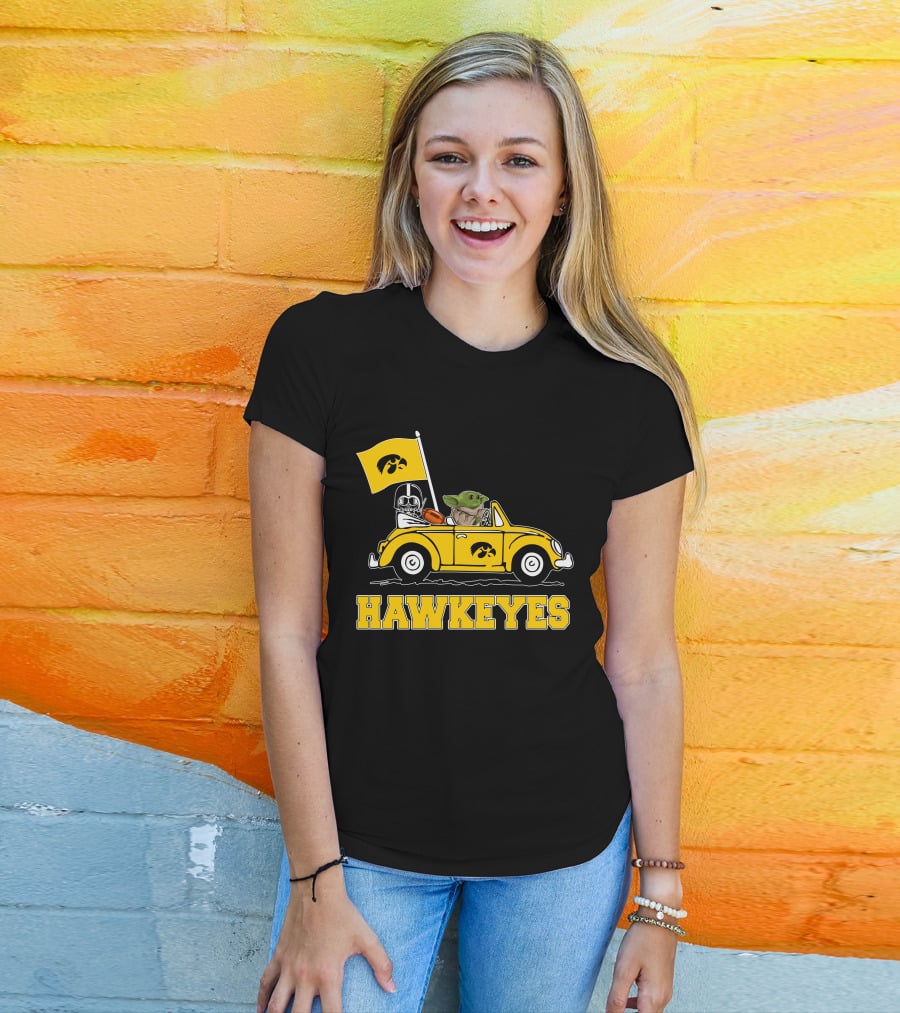 Iowa Hawkeyes Darth Vader Baby Yoda Driving Yellow Car Star Wars T-Shirt