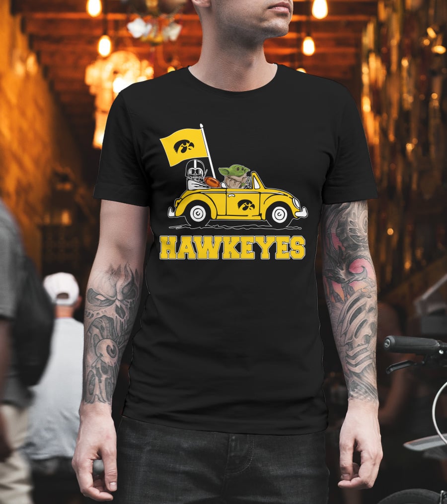 Iowa Hawkeyes Darth Vader Baby Yoda Driving Yellow Car Star Wars T-Shirt