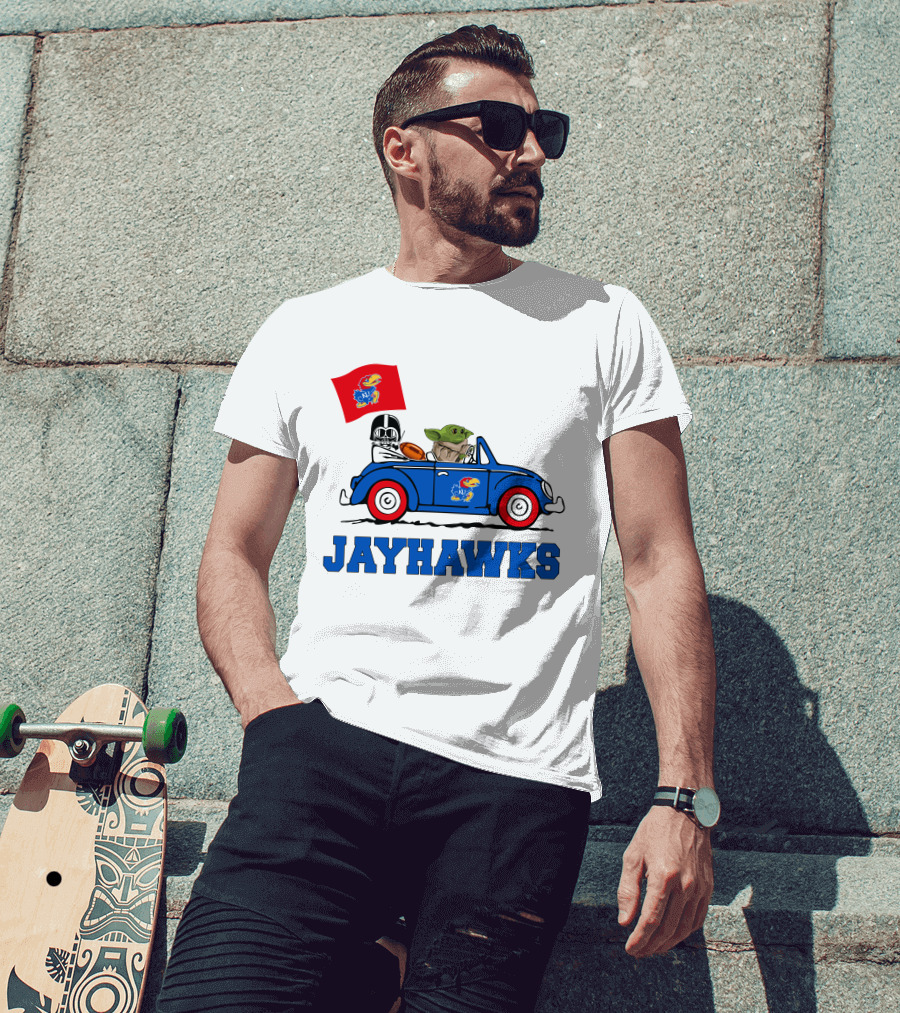 Kansas Jayhawks Darth Vader Baby Yoda Driving With Flag Star Wars Football T-Shirt