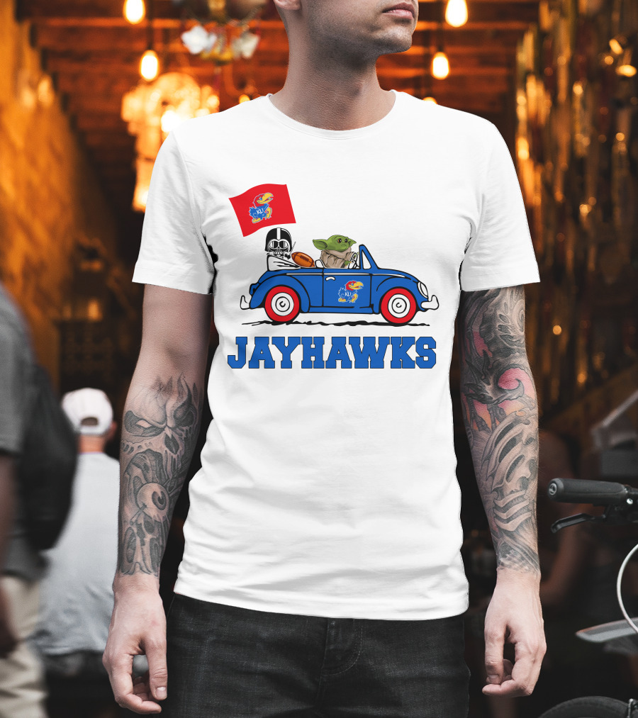 Kansas Jayhawks Darth Vader Baby Yoda Driving with Flag Star Wars Football T-Shirt