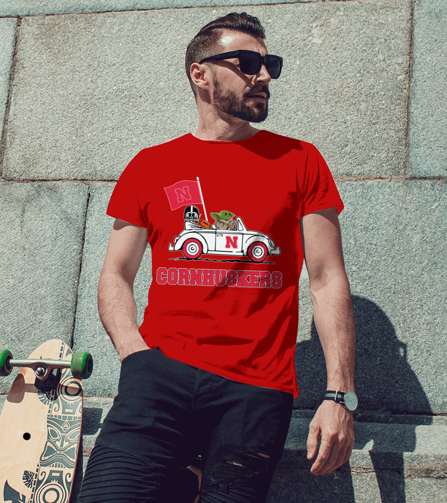 Cornhuskers Darth Vader Baby Yoda Driving Nebraska Car Star Wars T-Shirt