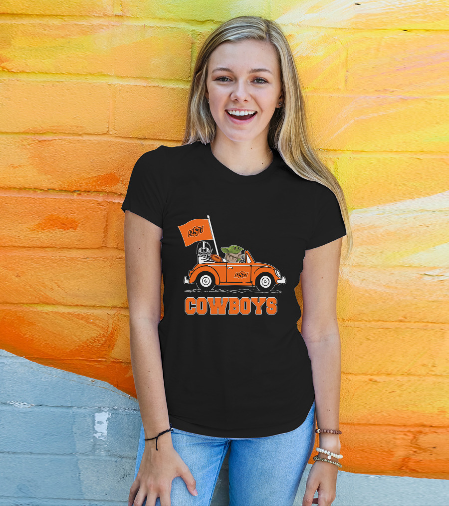 Oklahoma State Cowboys Darth Vader Baby Yoda Driving OsU Flag T-Shirt