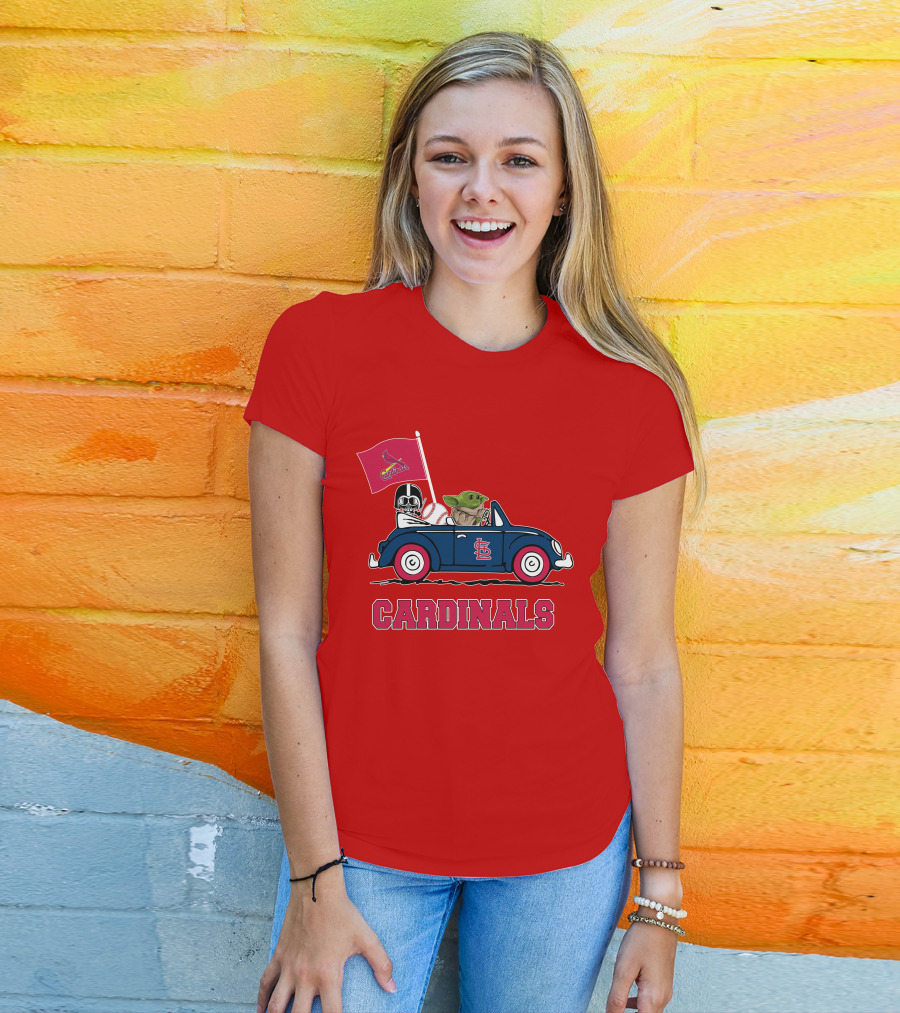 St Louis Cardinals Darth Vader Baby Yoda Driving Car Star Wars Baseball T-Shirt