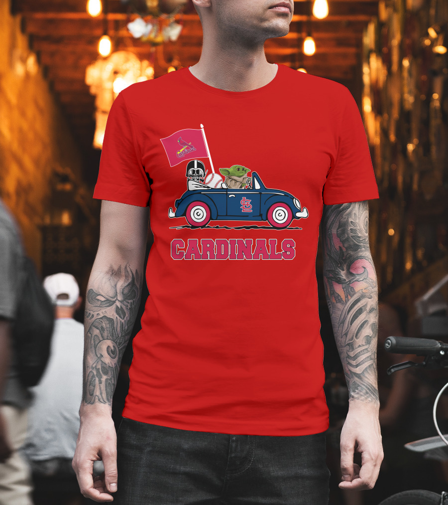 St Louis Cardinals Darth Vader Baby Yoda Driving Car Star Wars Baseball T-Shirt