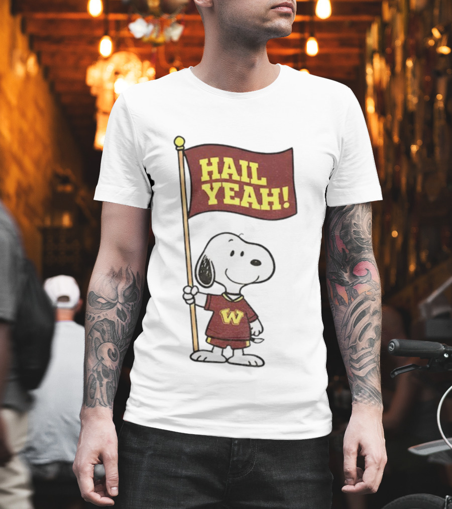 Snoopy Holding Hail Yeah Washington Commanders Flag Football Cartoon T-Shirt