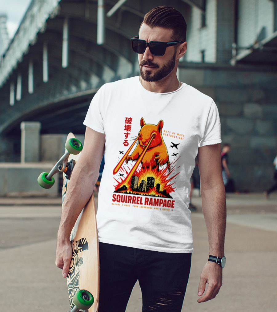 Squirrel Rampage Laser Eyes Skyline Destruction Nuts Of Mass Destruction T-Shirt