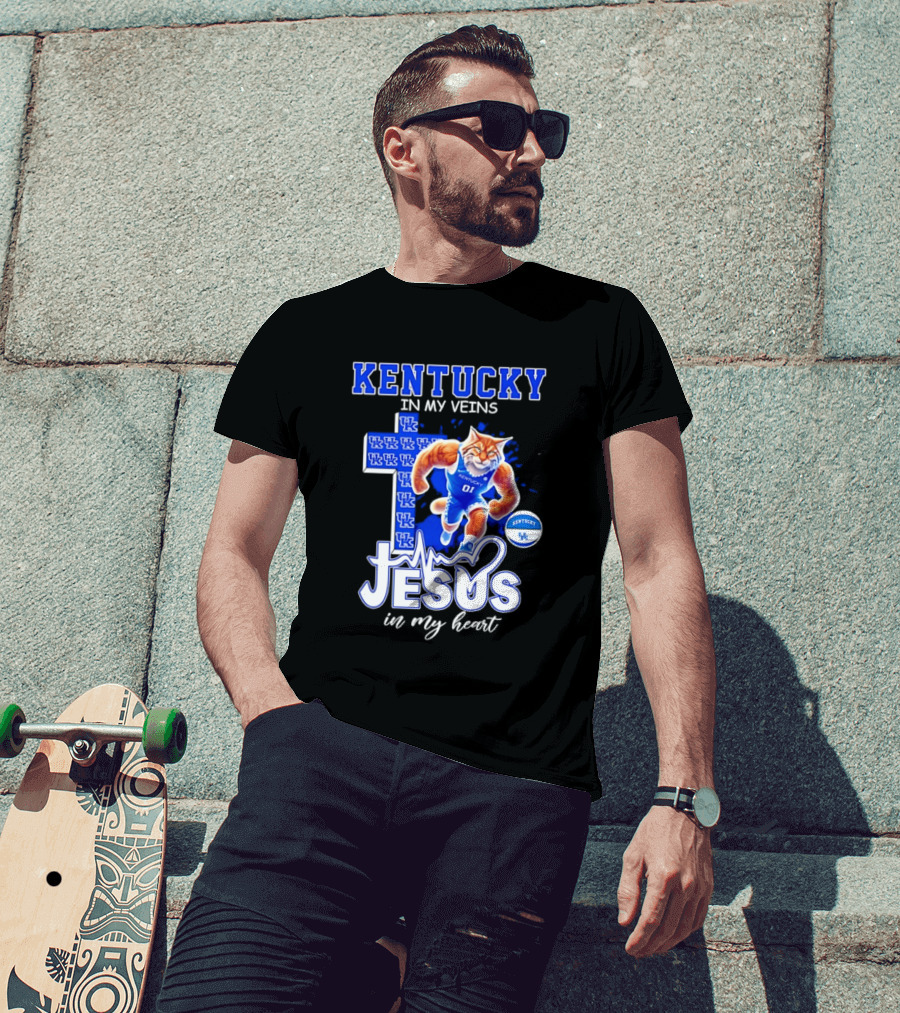 Kentucky Wildcats In My Veins Jesus In My Heart Wildcat Cross T-Shirt