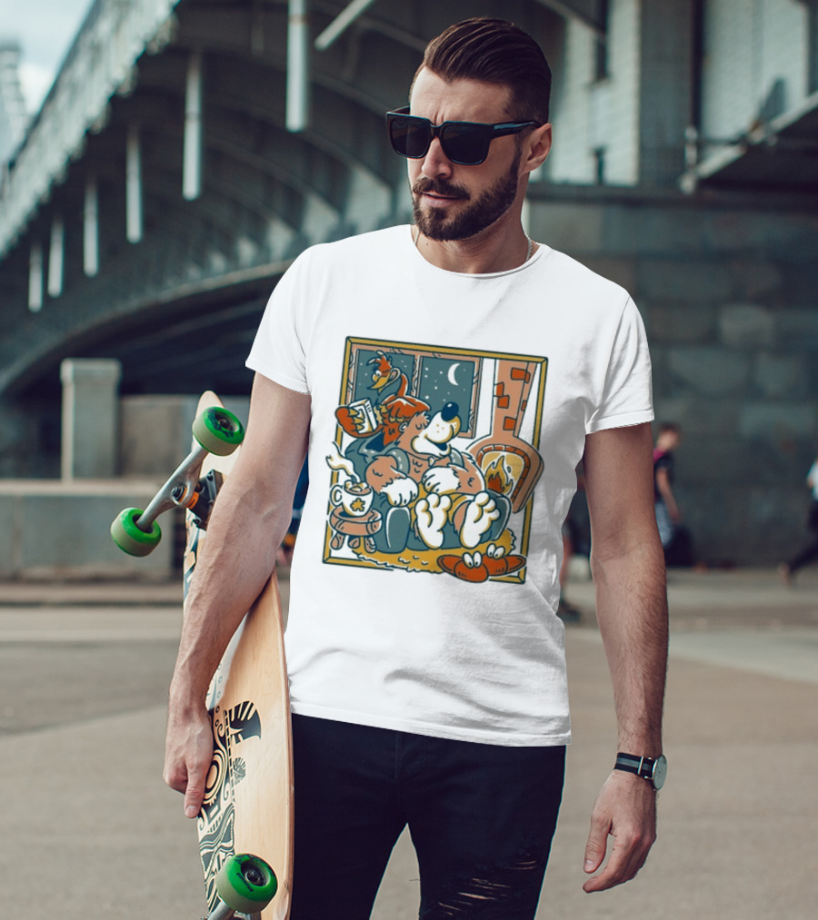 Henrique Torres Nighty Night Cozy Bear By The Fireplace With Duck And Coffee T-Shirt