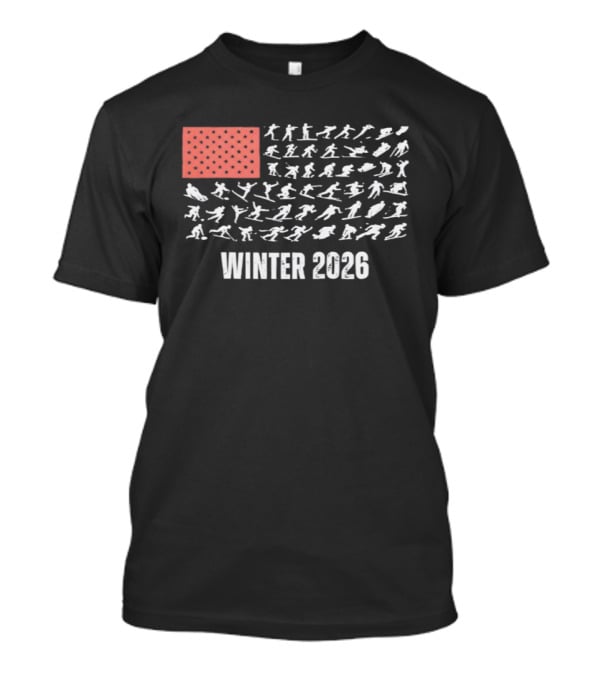 Patriotic USA Winter Sports 2026 Flag Skier Snowboarder T-Shirt